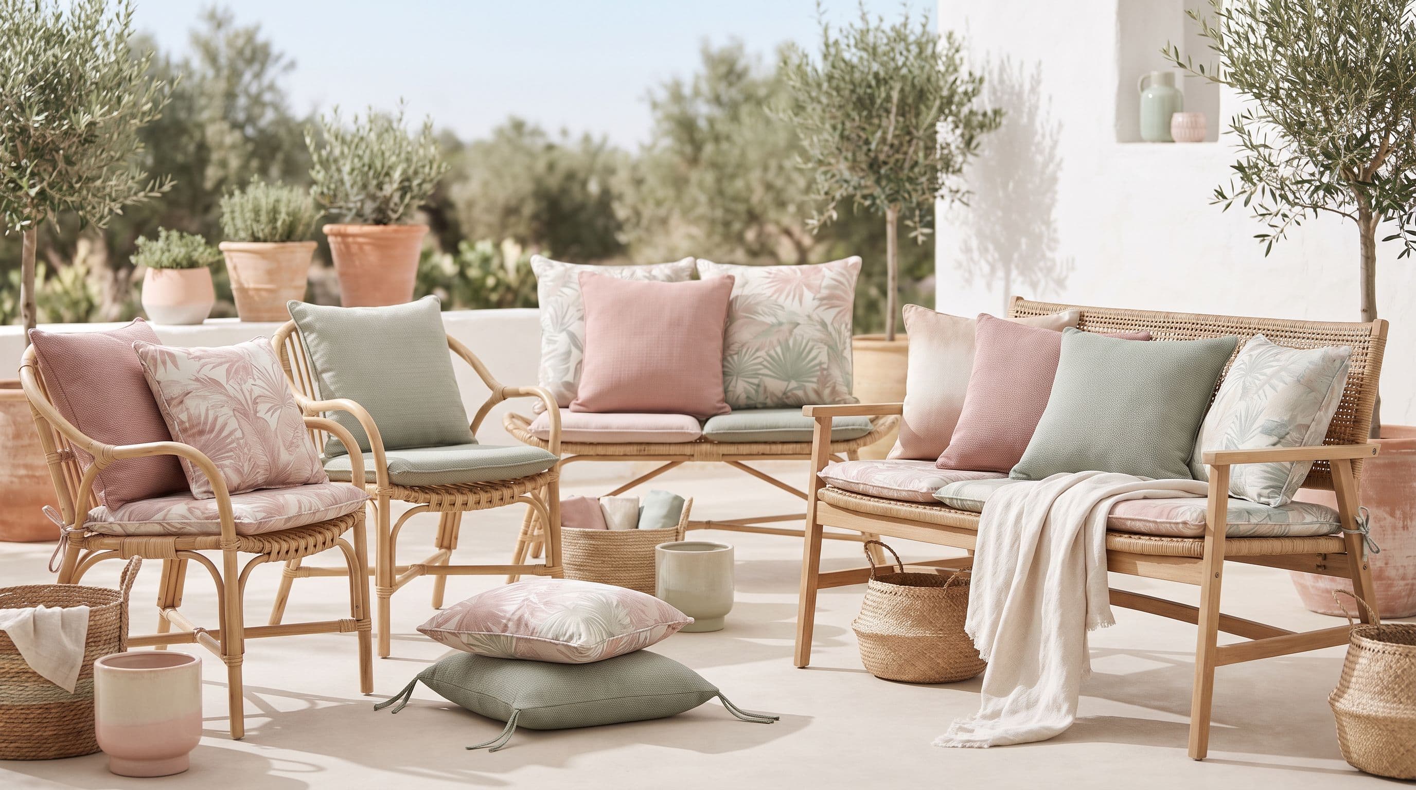 Coussin de chaise de jardin en situation, ambiance pastel